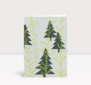 Weihnachtskarte Grün-Graue Weihnachtsbäume auf zartem Grund