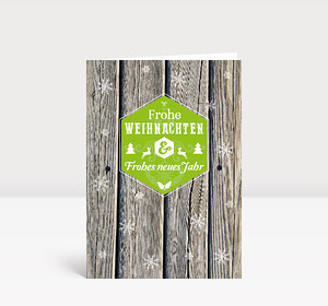 Weihnachtskarte Holz Schneeflocken moderne Grüße grün