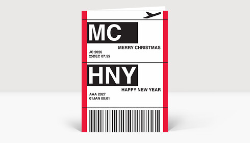 Weihnachtskarte Flugticket rot 2026