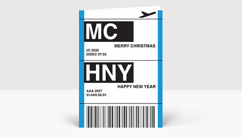 Weihnachtskarte Flugticket blau 2026