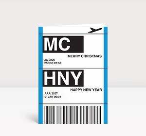 Weihnachtskarte Flugticket blau 2026